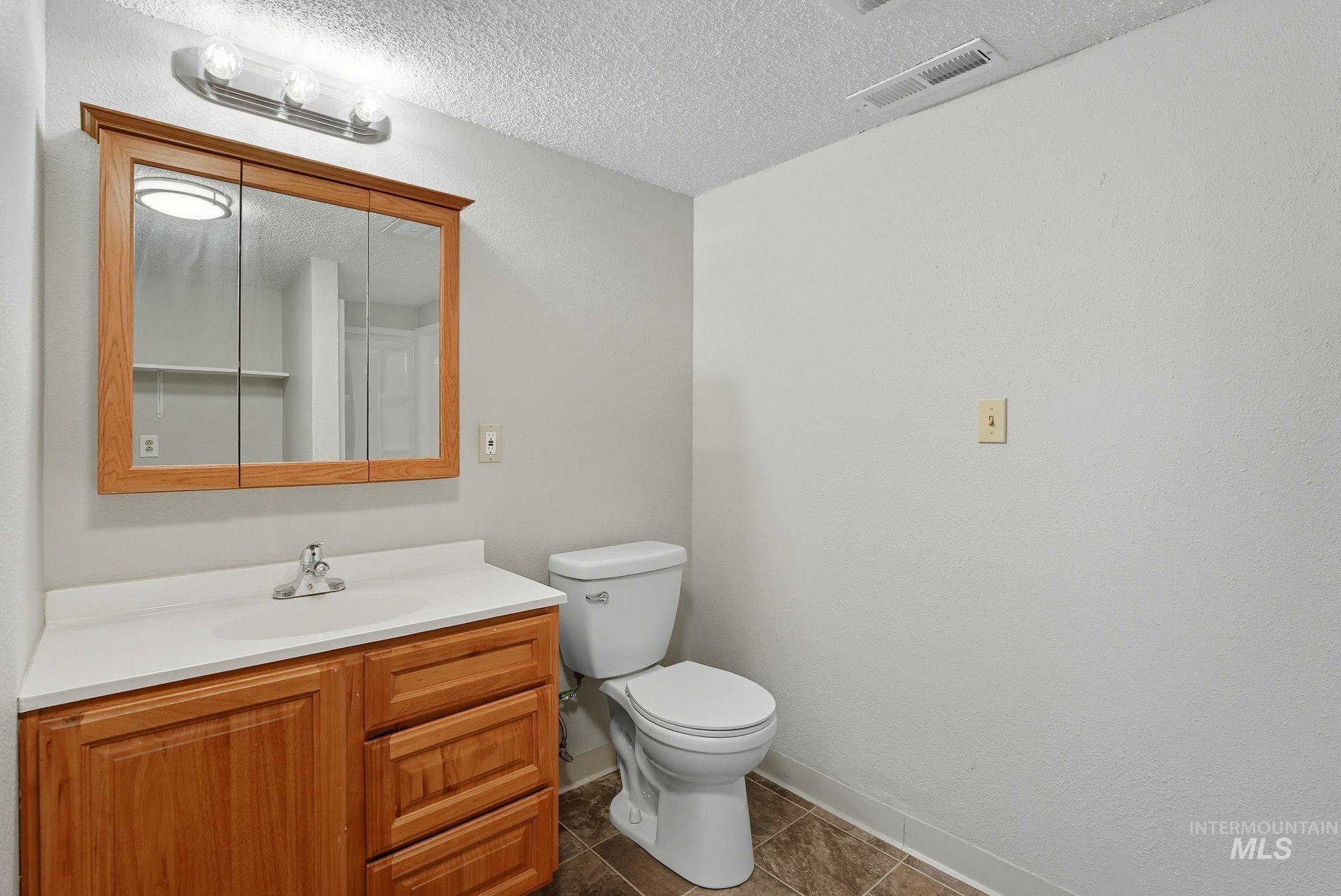 1101 5th Street Asotin, WA 99402 - Photo 26 of 48 Half bath featuring vanity, dark tile patterned flooring, and a textured ceiling