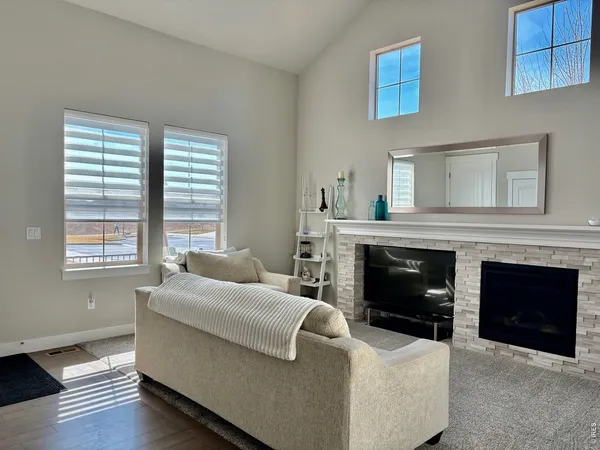 a living room with furniture and a fireplace