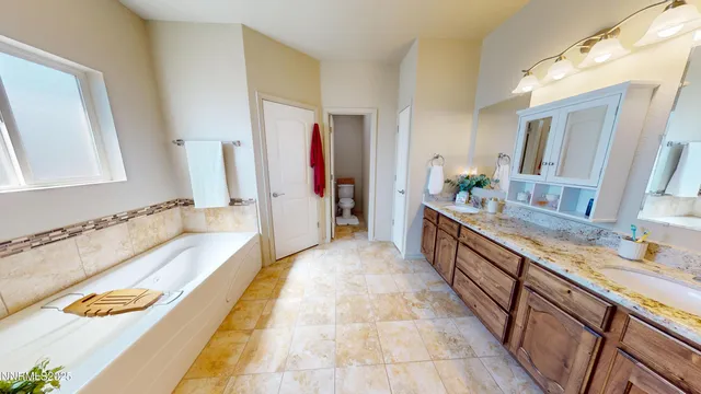 a bathroom with a tub sink and mirror