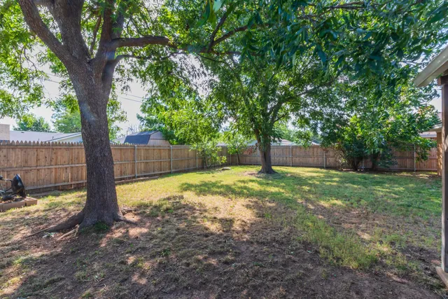 a view of a yard with a tree and a fence