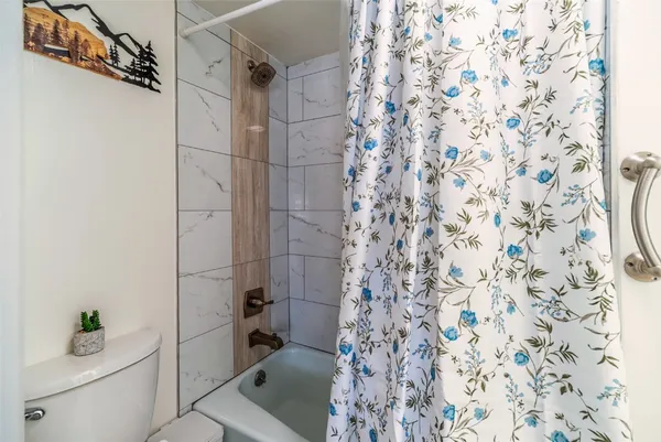 a bathroom with a shower curtain