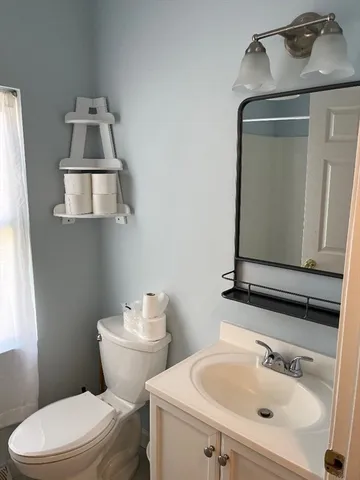 a bathroom with a sink toilet and mirror