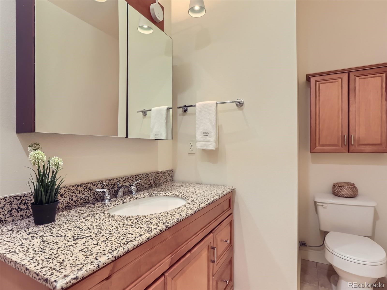 4645 Broadway, Unit B8 Boulder, CO 80304 - Photo 16 of 39 a bathroom with a granite countertop sink a toilet and mirror