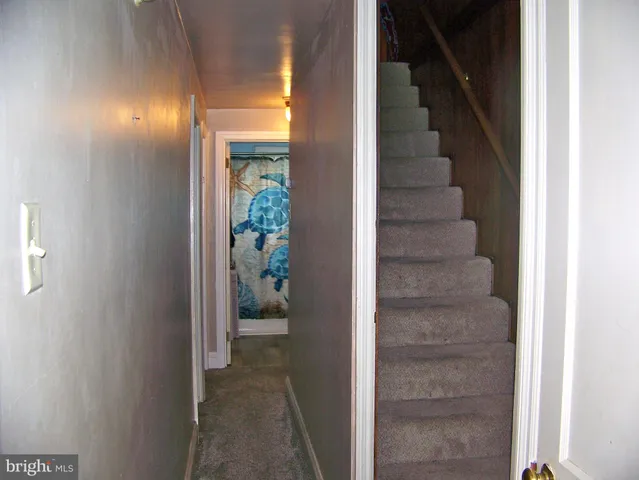 a view of a hallway with wooden shelves
