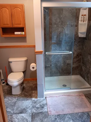 a bathroom with a toilet and a shower