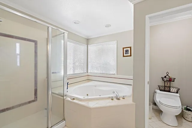 a bathroom with a bathtub and a toilet