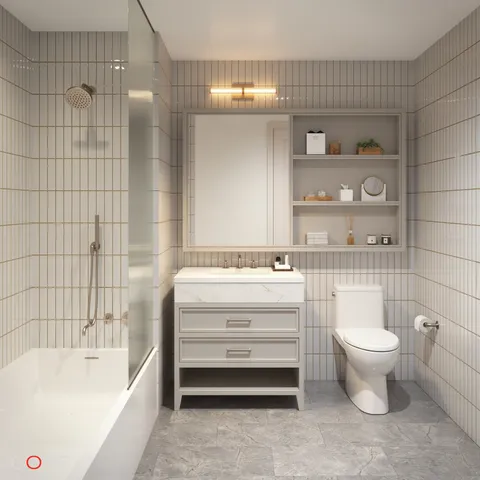 a bathroom with a bathtub shower sink and mirror