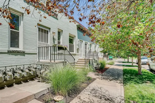 a view of a house with a small yard plants and large tree