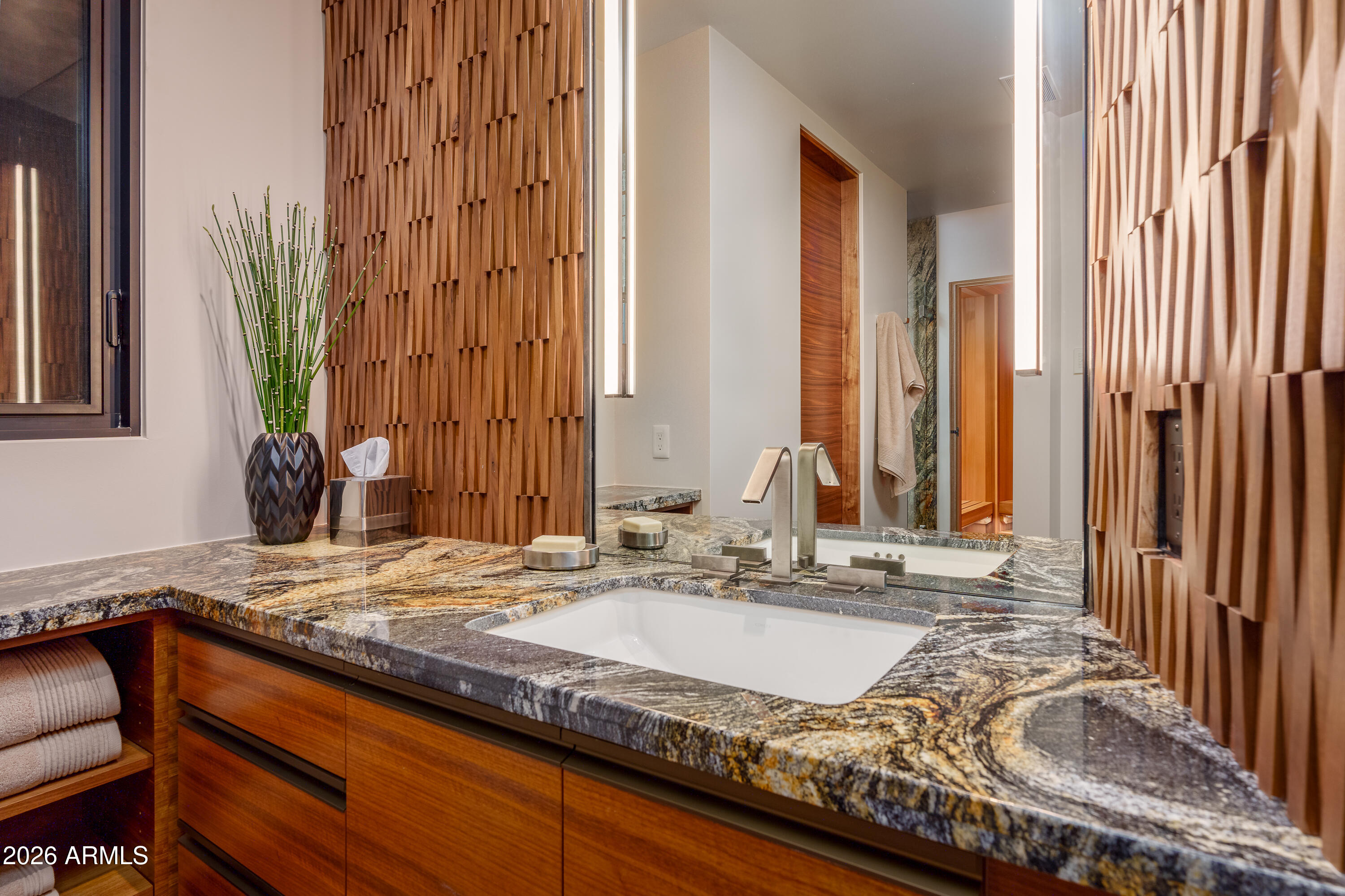 120 Paisano Road Sedona, AZ 86336 - Photo 29 of 52 a bathroom with a granite countertop sink and a mirror