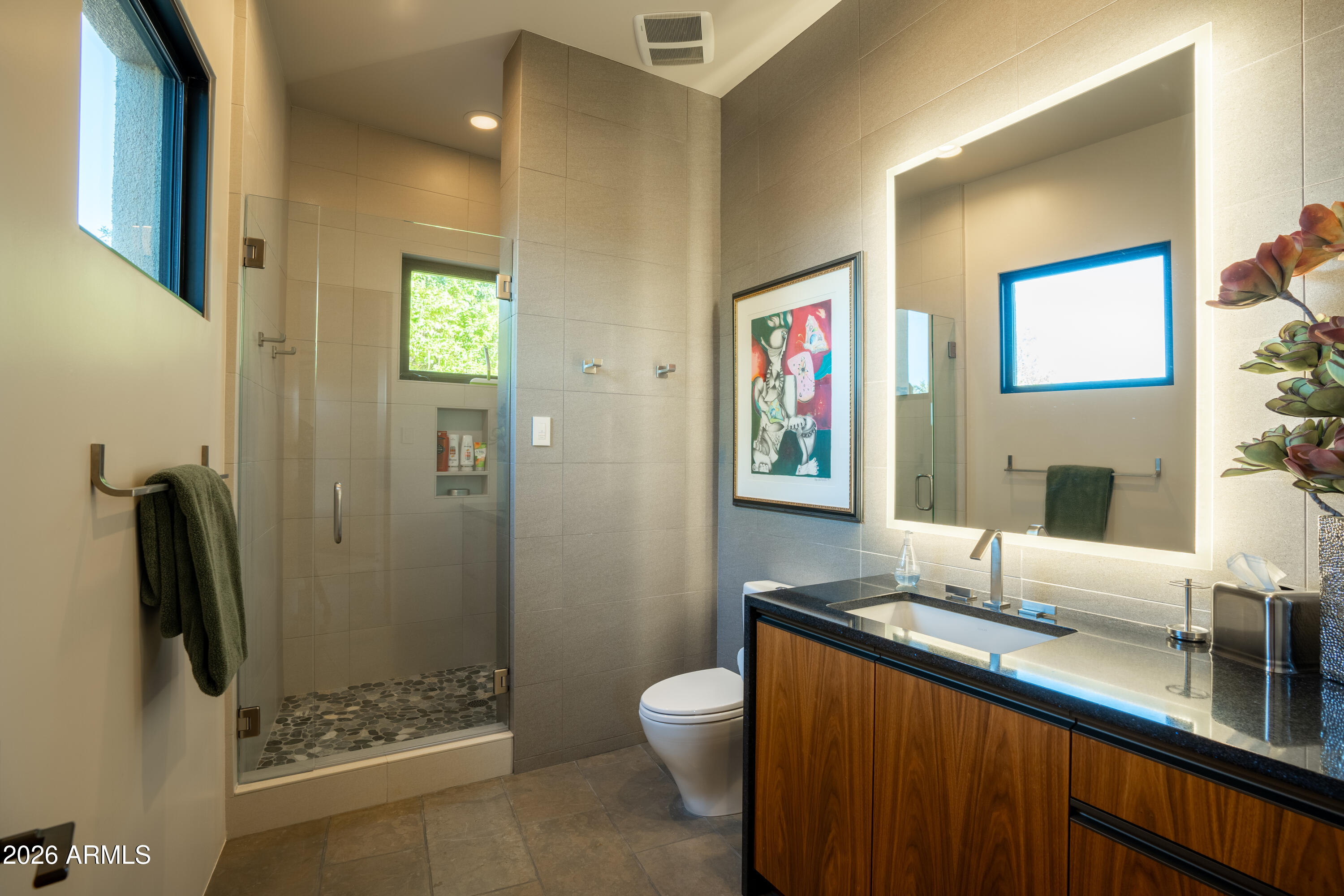120 Paisano Road Sedona, AZ 86336 - Photo 51 of 52 a bathroom with a granite countertop sink toilet and shower
