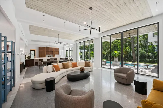 a living room with furniture and a floor to ceiling window
