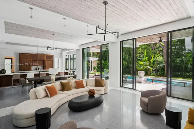a living room with furniture and a potted plant