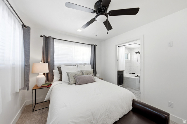 120 North 1230 E Street Springville, UT 84663 - Photo 17 of 60 Bedroom featuring a black ceiling fan with integrated lighting, multiple windows with blinds and curtain rods, and carpet flooring