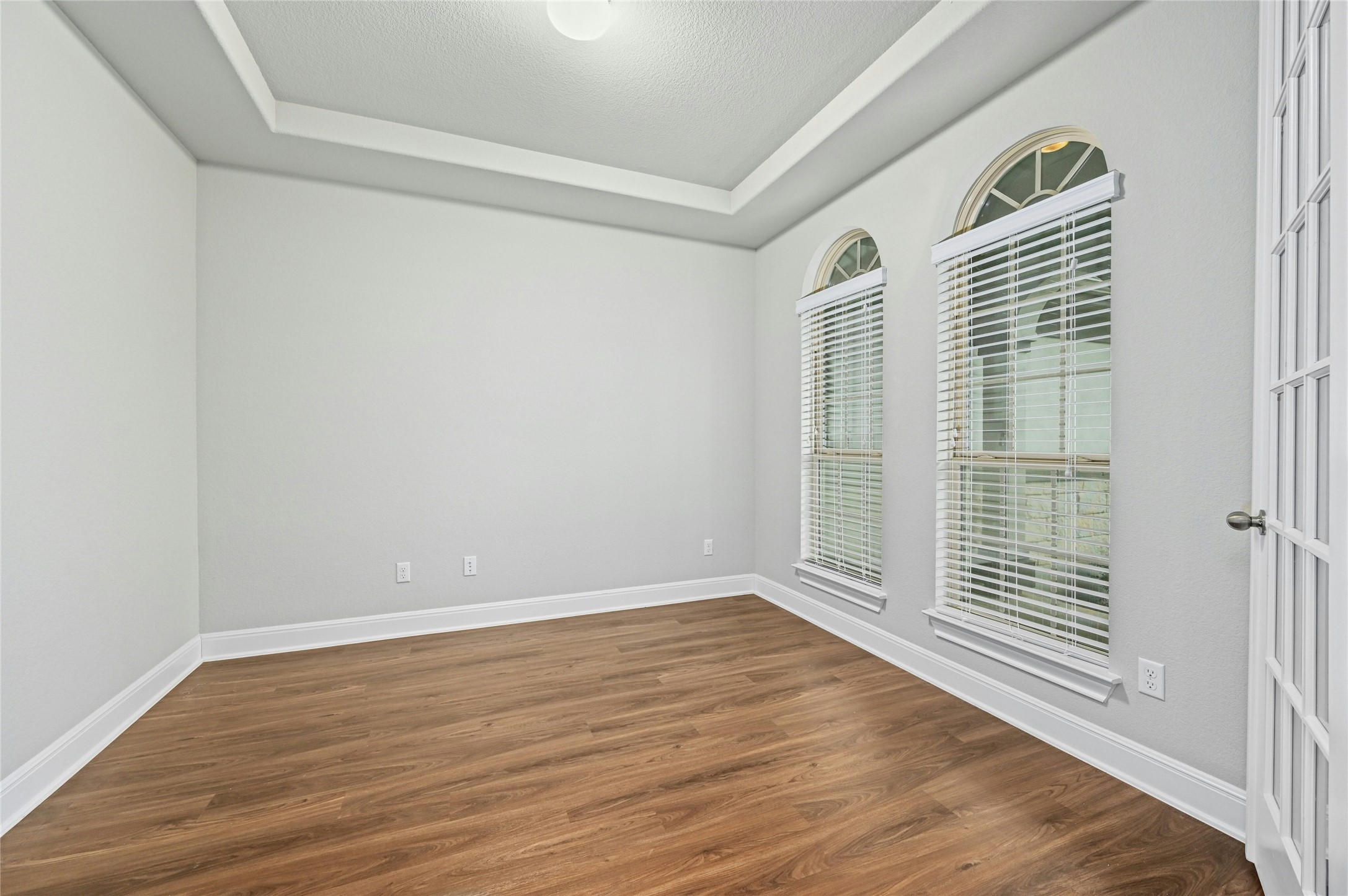 4124 Florentine Road Leander, TX 78641 - Photo 5 of 37 Empty room featuring a raised ceiling, dark hardwood / wood-style floors, and a textured ceiling