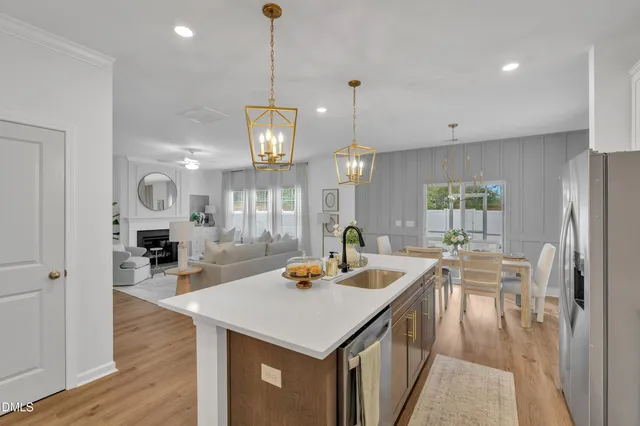 a view of a hallway with wooden shelves