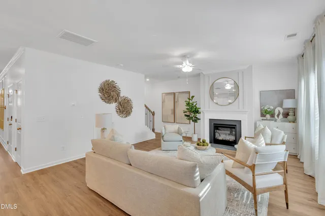a view of a hallway with wooden shelves