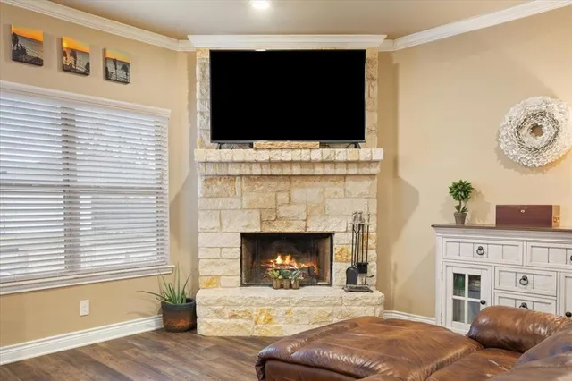 a living room with fireplace furniture and a flat screen tv
