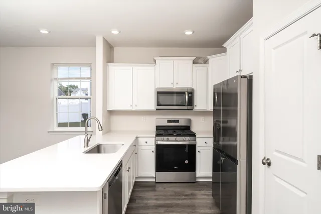 a kitchen with stainless steel appliances a sink stove and refrigerator