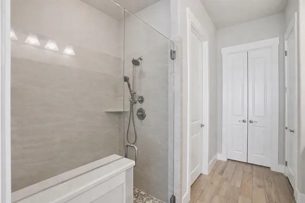 a bathroom with a shower and toilet
