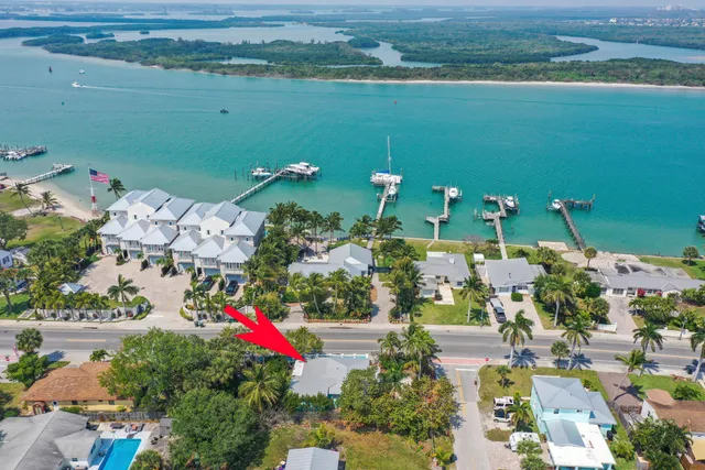 an aerial view of water body with boats and trees all around