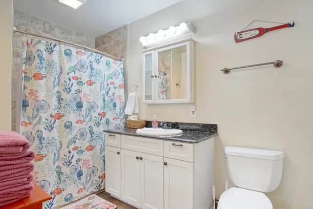 a bathroom with a granite countertop sink a toilet and a mirror