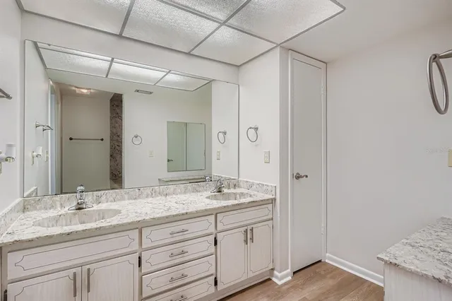 a bathroom with a granite countertop sink mirror and double