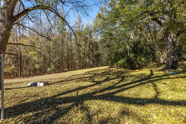 a view of swimming pool with large trees