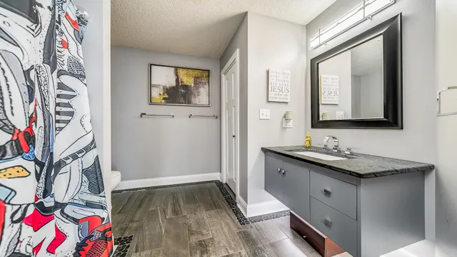 a bathroom with a sink and a mirror