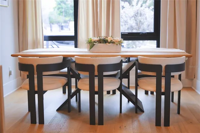 a view of a dining room with furniture and window