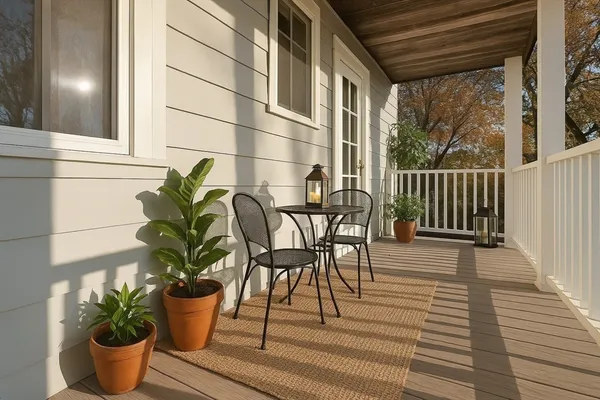 a view of a patio with table and chairs and potted plants