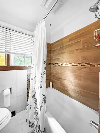 a bathroom with a shower and a toilet