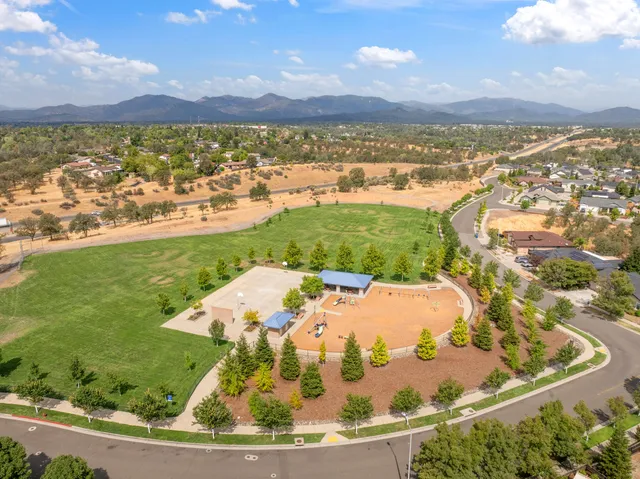 an aerial view of residential houses with city view