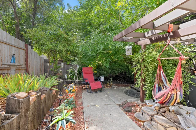 a bathroom with a shower and a door