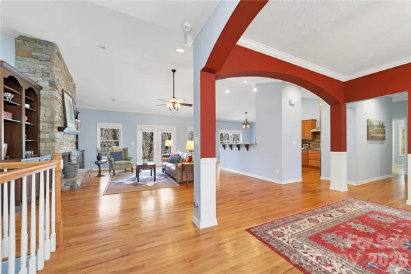 a view of a living room and dining room