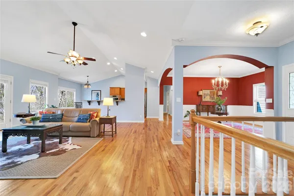 a view of a living room and dining room