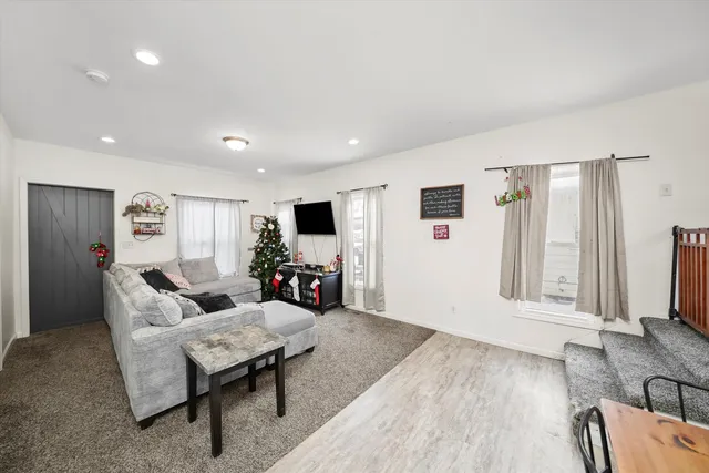 a living room with furniture and a potted plant