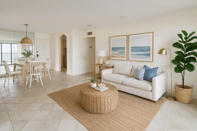 a living room with furniture and a potted plant