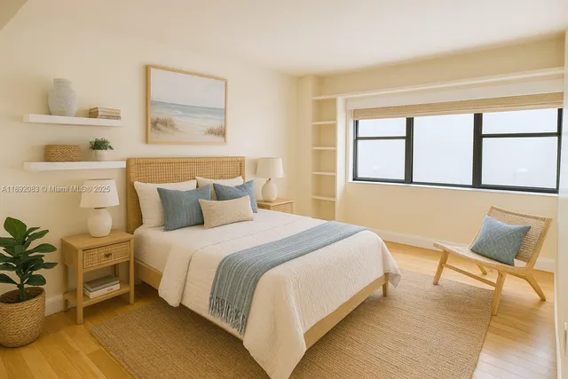 a bedroom with a bed chair and window