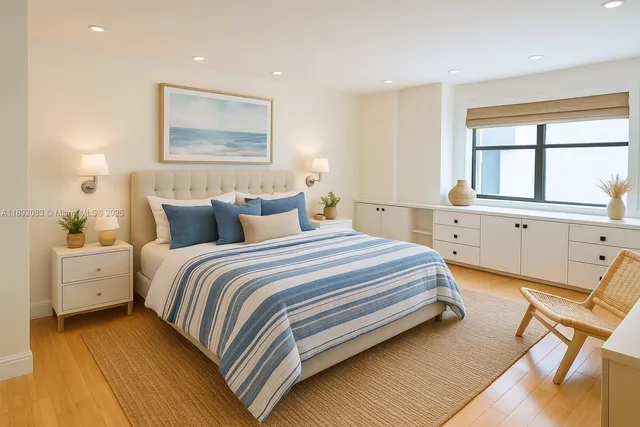 a bedroom with a bed and a large window