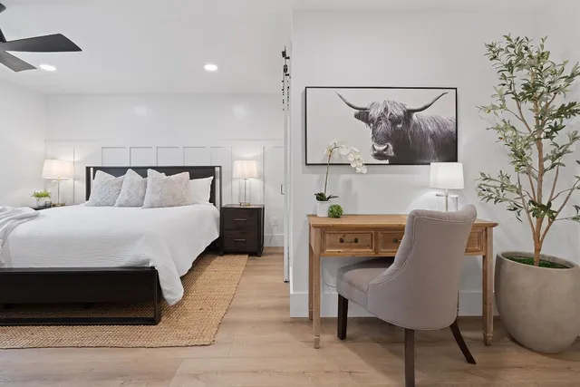 a bedroom with a bed and a table in it