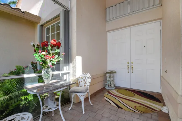 a outdoor dining space with furniture
