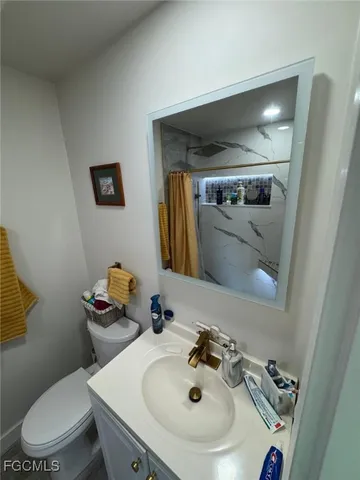 a bathroom with a sink mirror and toilet