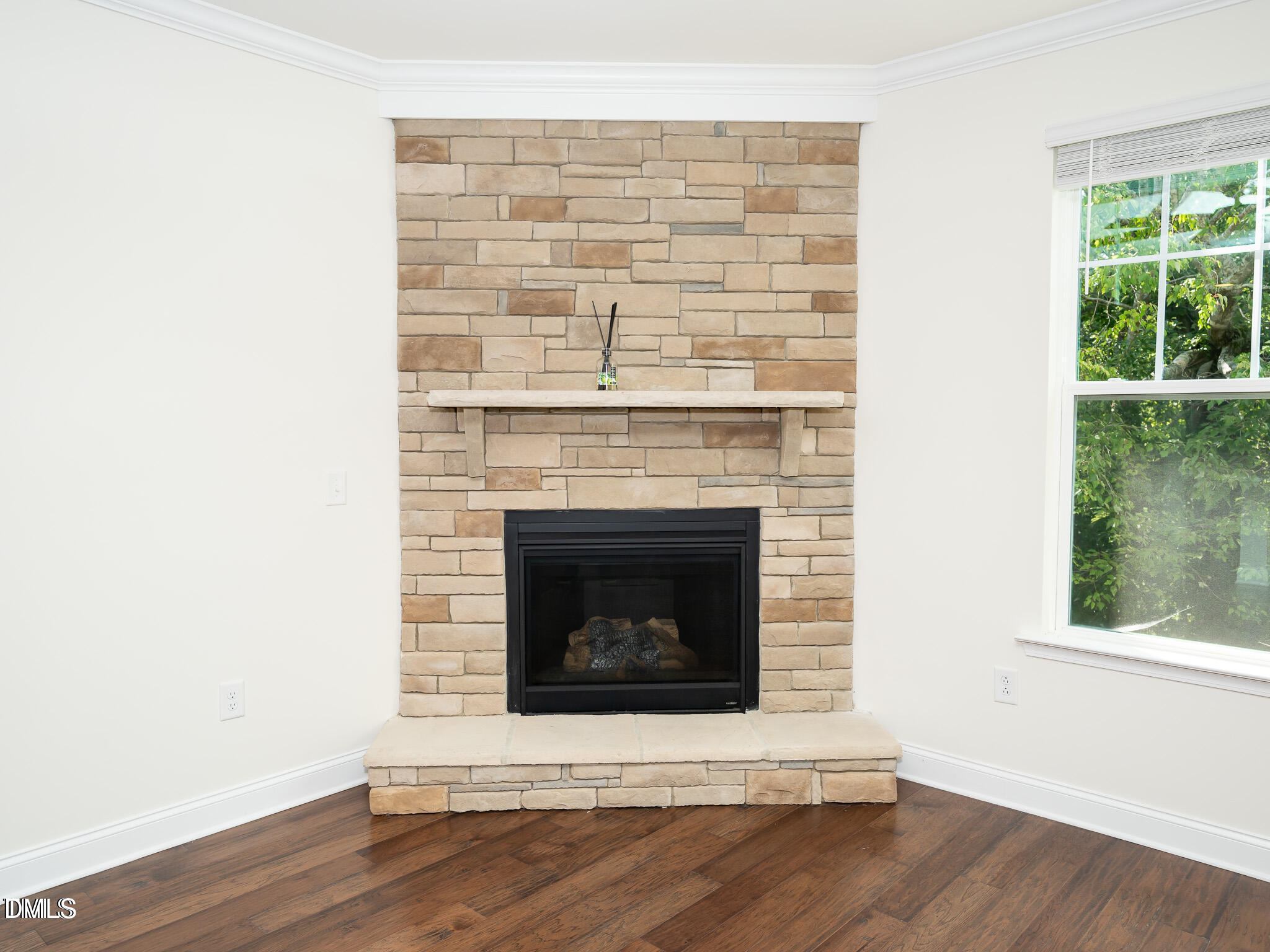 647 Newlyn Drive Raleigh, NC 27606 - Photo 19 of 52 a living room with a fireplace and a floor to ceiling window