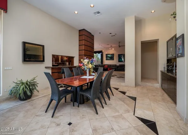 a view of a dining room with furniture