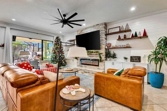 a view of a swimming pool with a patio