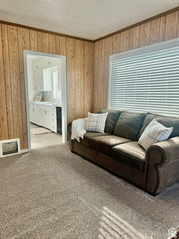 4375 West 4500 S Road Deseret, UT 84624 - Photo 6 of 20 Textured wall paneling throughout the living area, featuring neutral carpeting and a window with horizontal blinds