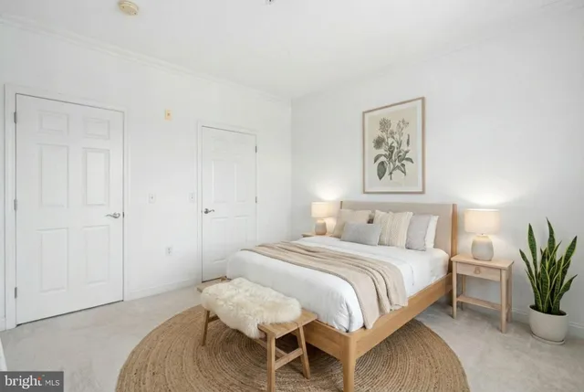 a bedroom with a bed and a potted plant