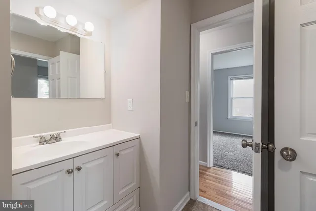 a bathroom with a sink and mirror