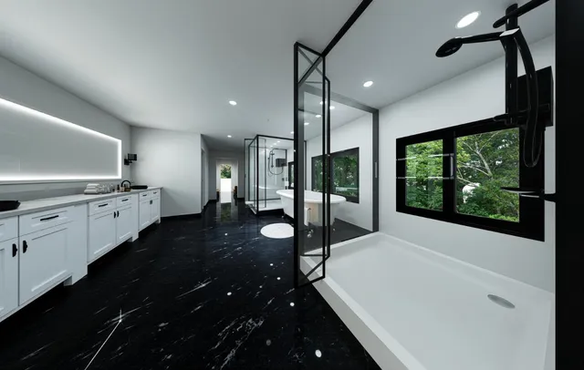 a large kitchen with kitchen island a large window a sink and stainless steel appliances