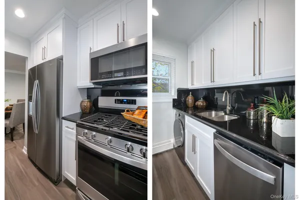 a kitchen with white cabinets and stainless steel appliances